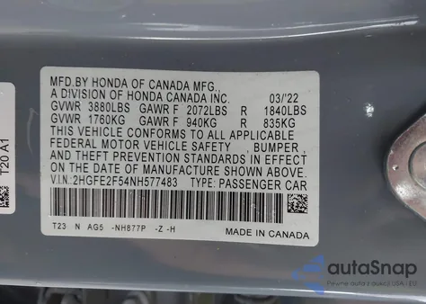 2022 Honda Civic Sport z USA, uszkodzony, nr VIN 2HGFE2F54NH577483